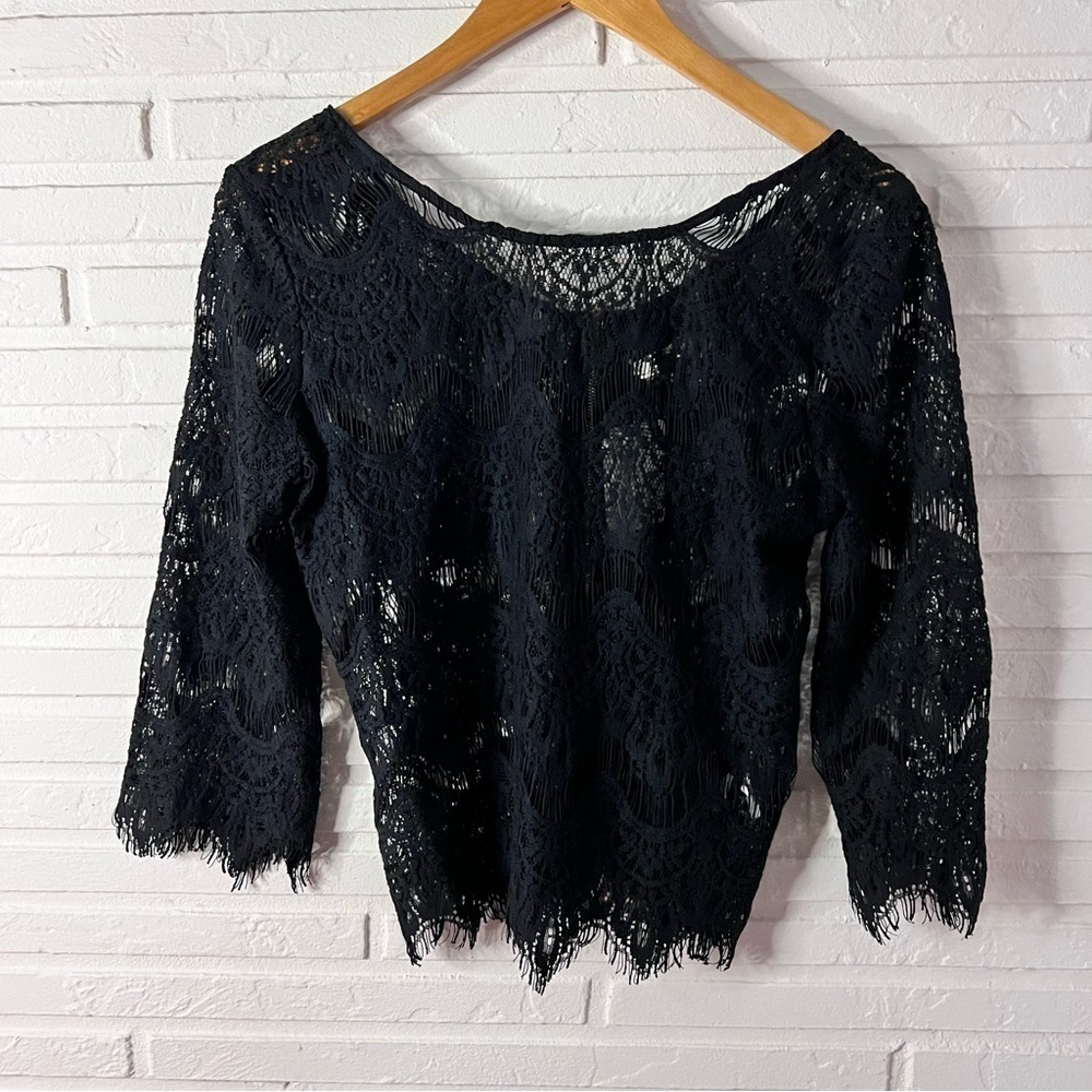 Ezra Black Sheer Lace 3/4 Length Sleeve Blouse, Women’s Size Large